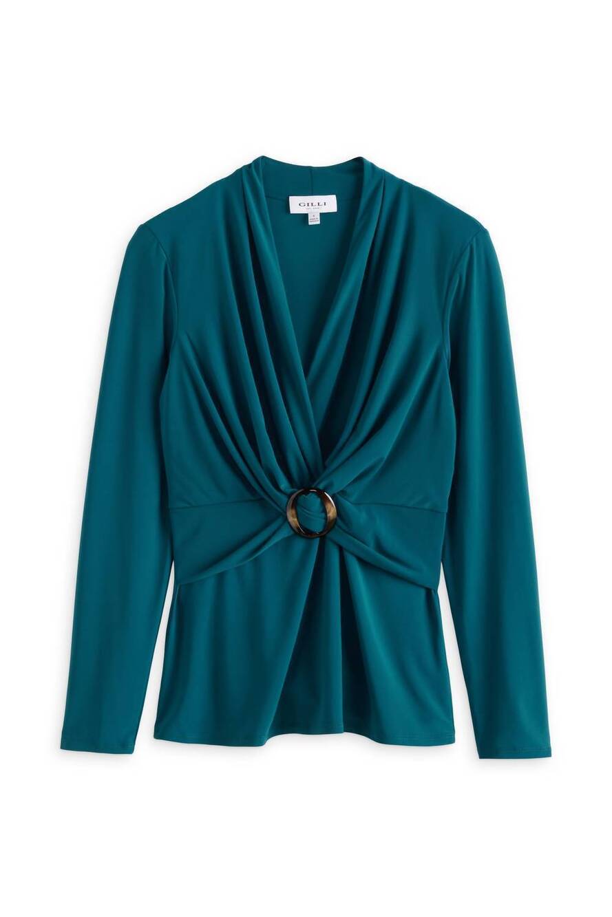 NEW GILLI women's long sleeve twist front hardware detail knit top in dark teal